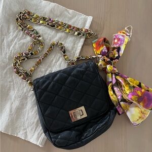 Black Quilted Women's Bag with Floral Scarf